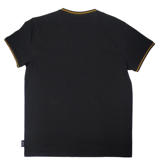 Back view of a black short-sleeve T-shirt with gold-trimmed collar and cuffs.