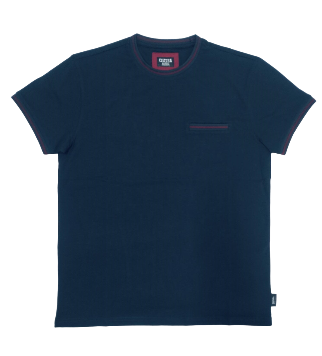 Dark blue short sleeve crewneck t-shirt with red trim on collar and sleeves, and a small chest pocket.