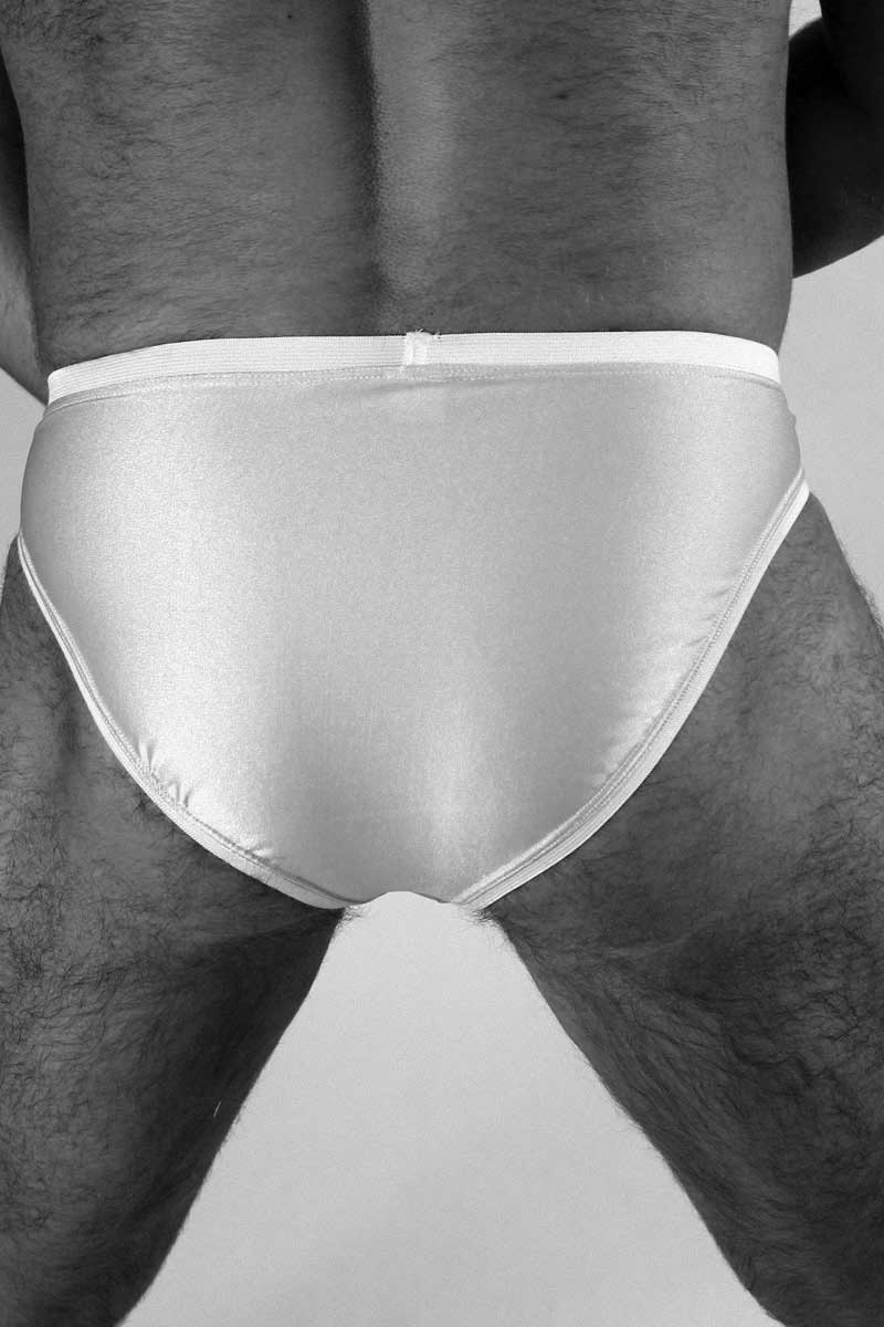 White satin peek a crotch french bikini underwear in nude size s with smooth glossy finish and neatly stitched edges