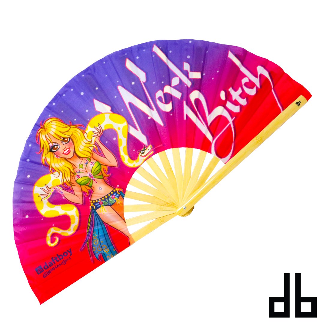 Daft boy fan colorful folding fan with a cartoon blonde woman and snake featuring bold work bitch text on gradient background