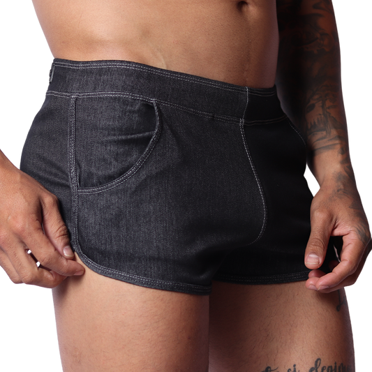 Gigo black denim hot shorts, side view, showing curved hem, white contrast stitching, and front pocket detail.
