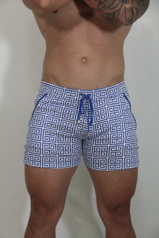 Designer print linen texture shorts in blue and white geometric pattern with matching drawstring waistband