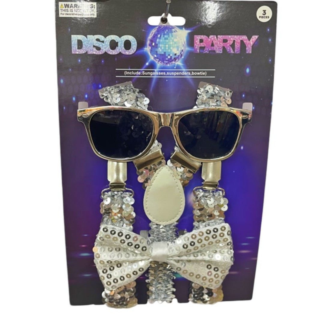 Disco sequin kit silver shiny sequined party accessory set with sunglasses suspenders and bowtie for festive wear