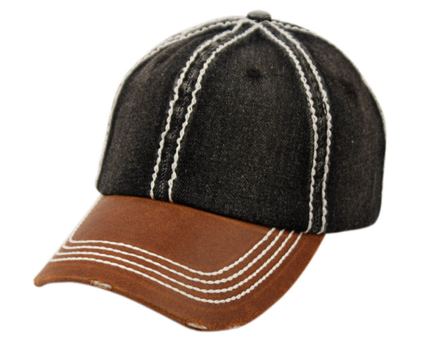Distressed washed denim two tone cap with black denim top brown leather brim and white stitching detail