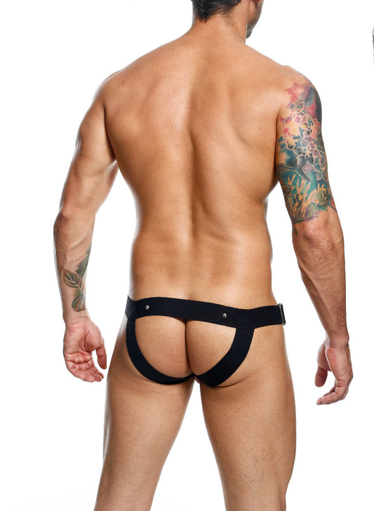 Dngeon cockring jockstrap black sleek form-fitting briefs with wide waistband and silver-toned hardware front view