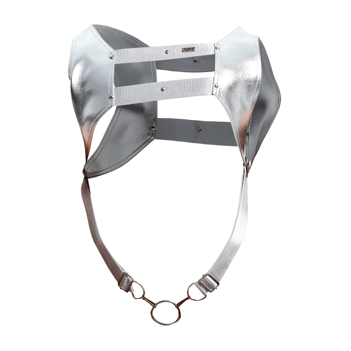 Dngeon croptop harness mirror with silver metallic sleek structured design and adjustable straps front view
