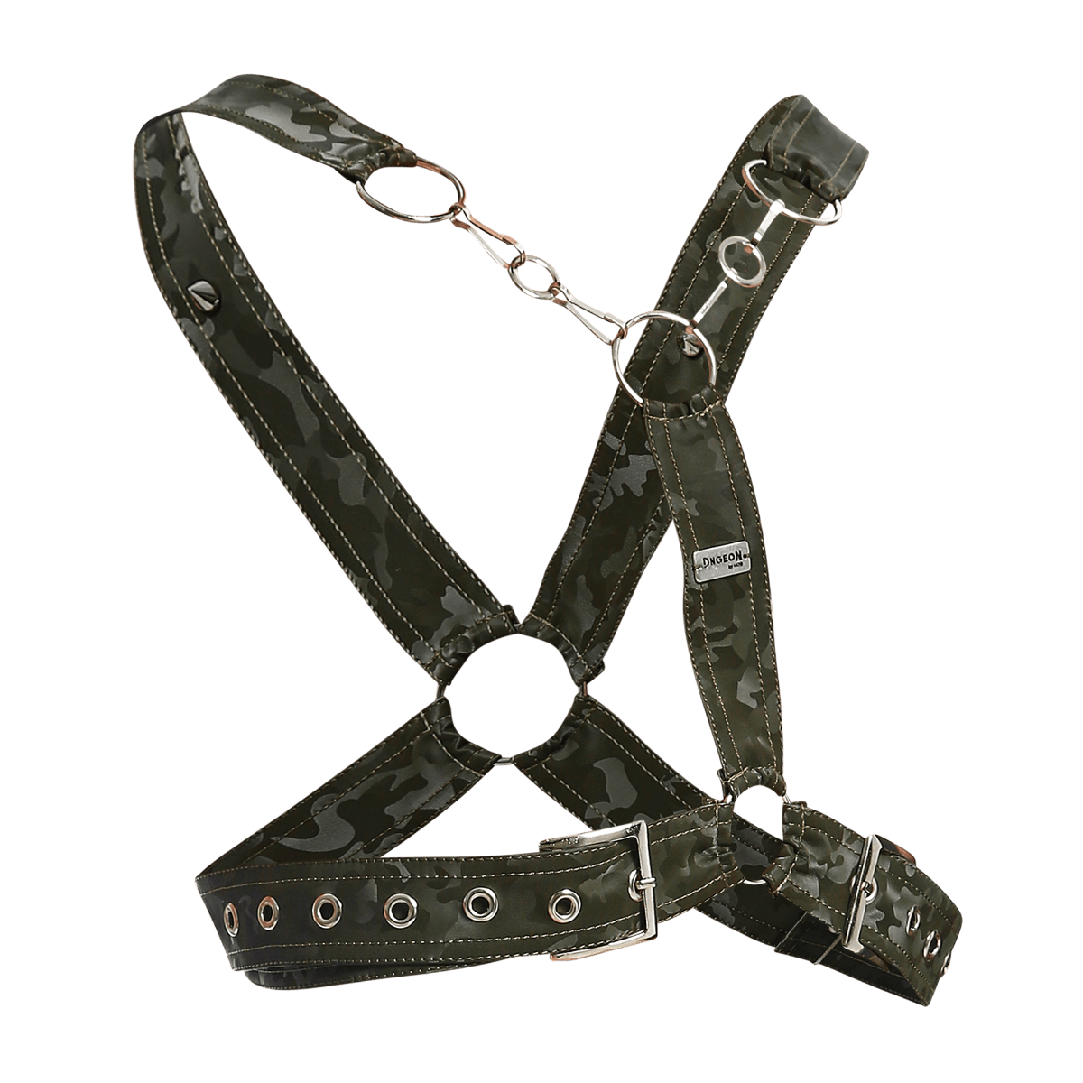 Dark green camouflage cross chain harness with metallic hardware and buckle by dngeon, front view