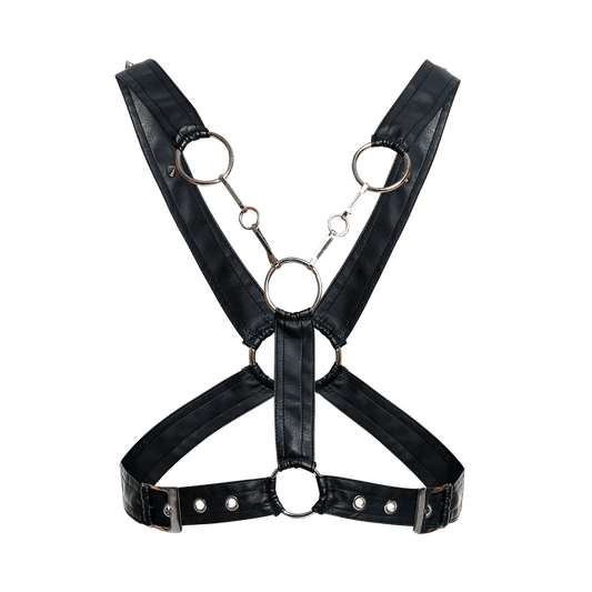 Black faux leather dngeon cross chain harness with silver-toned metal rings and buckles shown from the back side