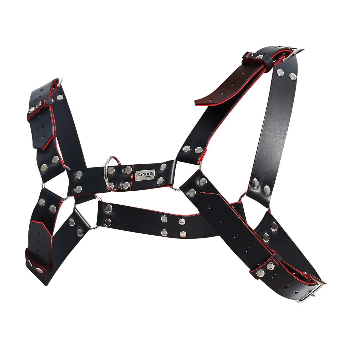 Black leather DNGEON harness belt with red stitching and silver-toned metal hardware front view