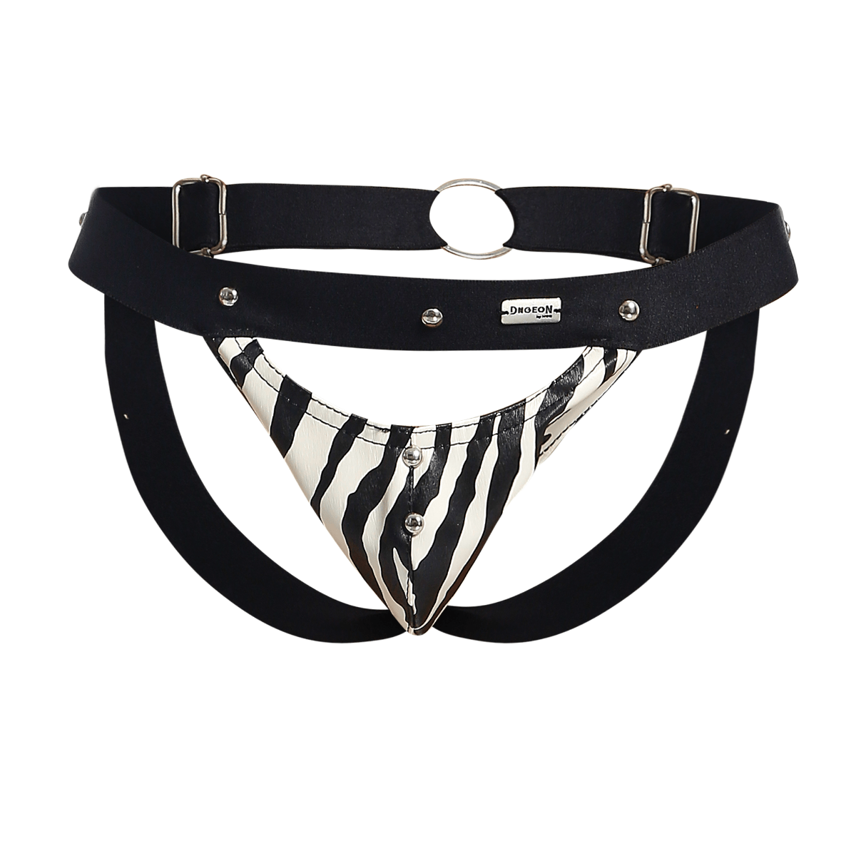 Black and white zebra-striped leather thong jockstrap with silver hardware by dngeon peekaboo animal design