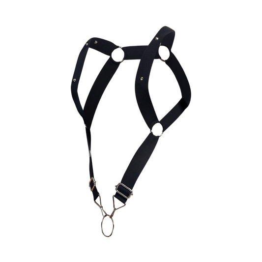 Black leather straight back harness by dngeon with silver metal hardware and adjustable straps