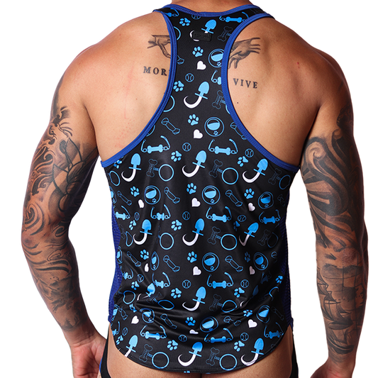 Back view of Gigo blue dog-themed tank top in printed polyester fabric with blue trim.