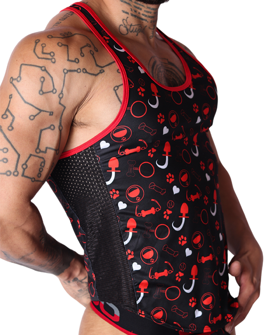 Gigo red and black dog-themed tank top, side view, showing printed fabric and mesh side panel detail.