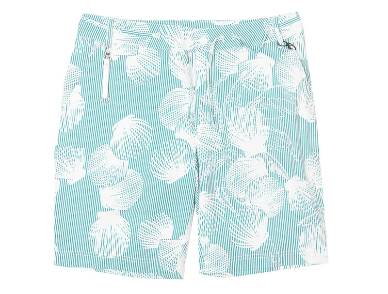 Dreamland short swim trunks in teal and white with seashell patterns and vertical stripes for beachwear