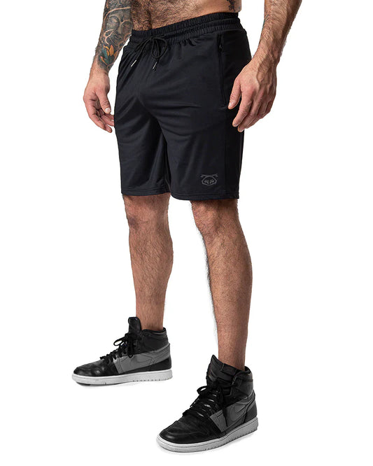 Black drill short athletic shorts with drawstring waistband and subtle logo on lower left leg
