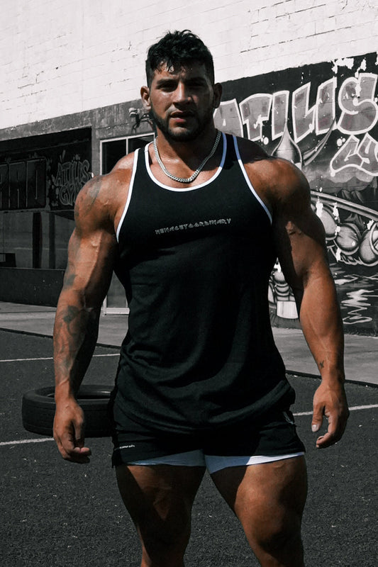 Jed North Men's Fast-Dry Bodybuilding Workout Stringer - Black w/ White Trim