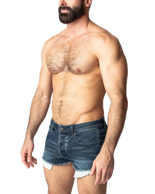 Duke short dark blue denim shorts with frayed hem and white trim for casual summer wear