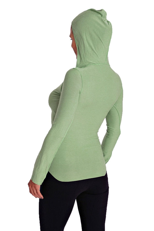 Deep scoop neck long sleeve hoodie top in bamboo green with fitted silhouette and subtle seam detailing