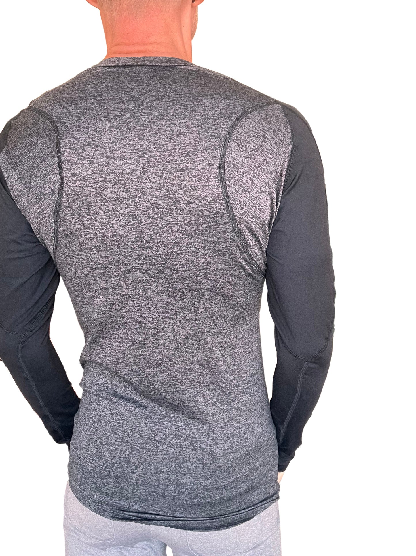 Designer raglan crew-neck tee long sleeve in charcoal with black sleeves featuring heathered textured torso