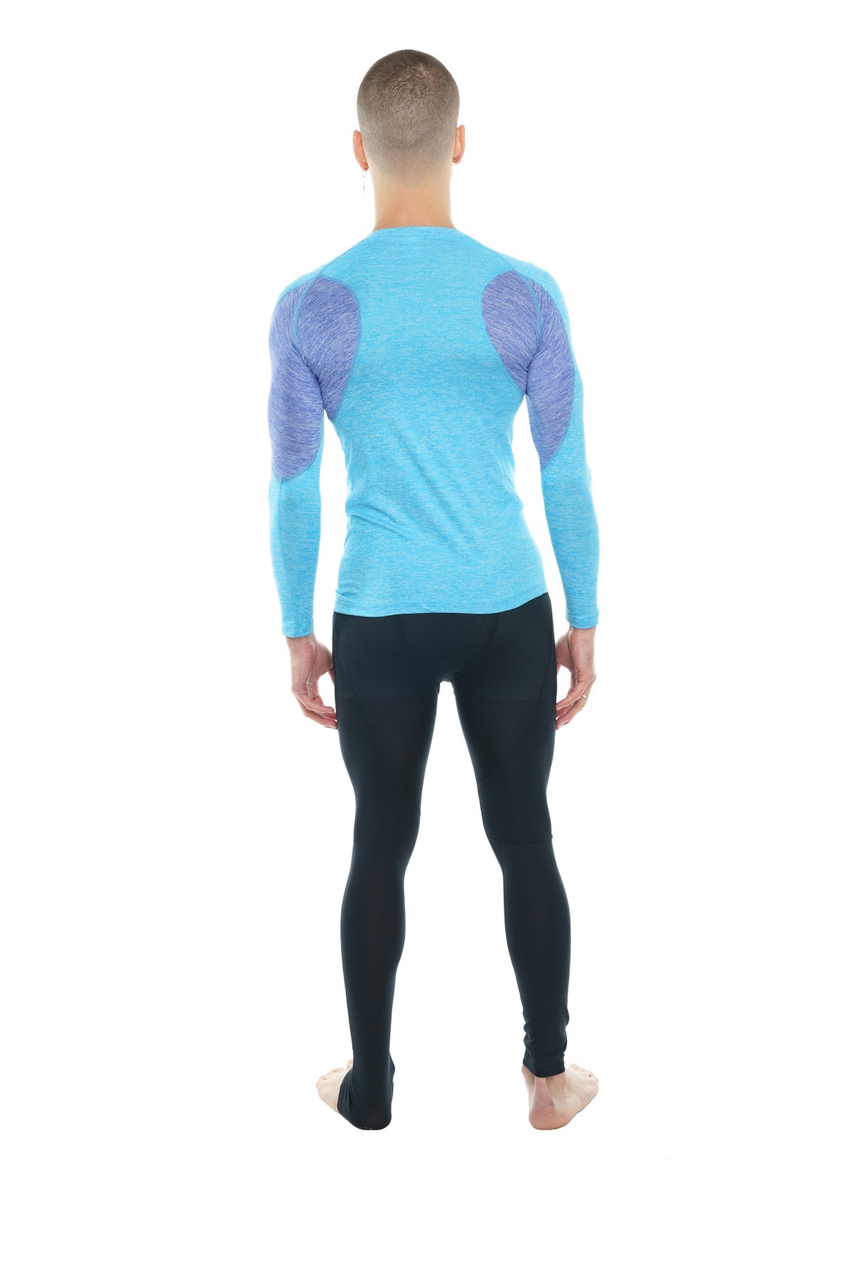 Light blue long-sleeved designer raglan crew neck tee with purple textured shoulder panels for athletic wear