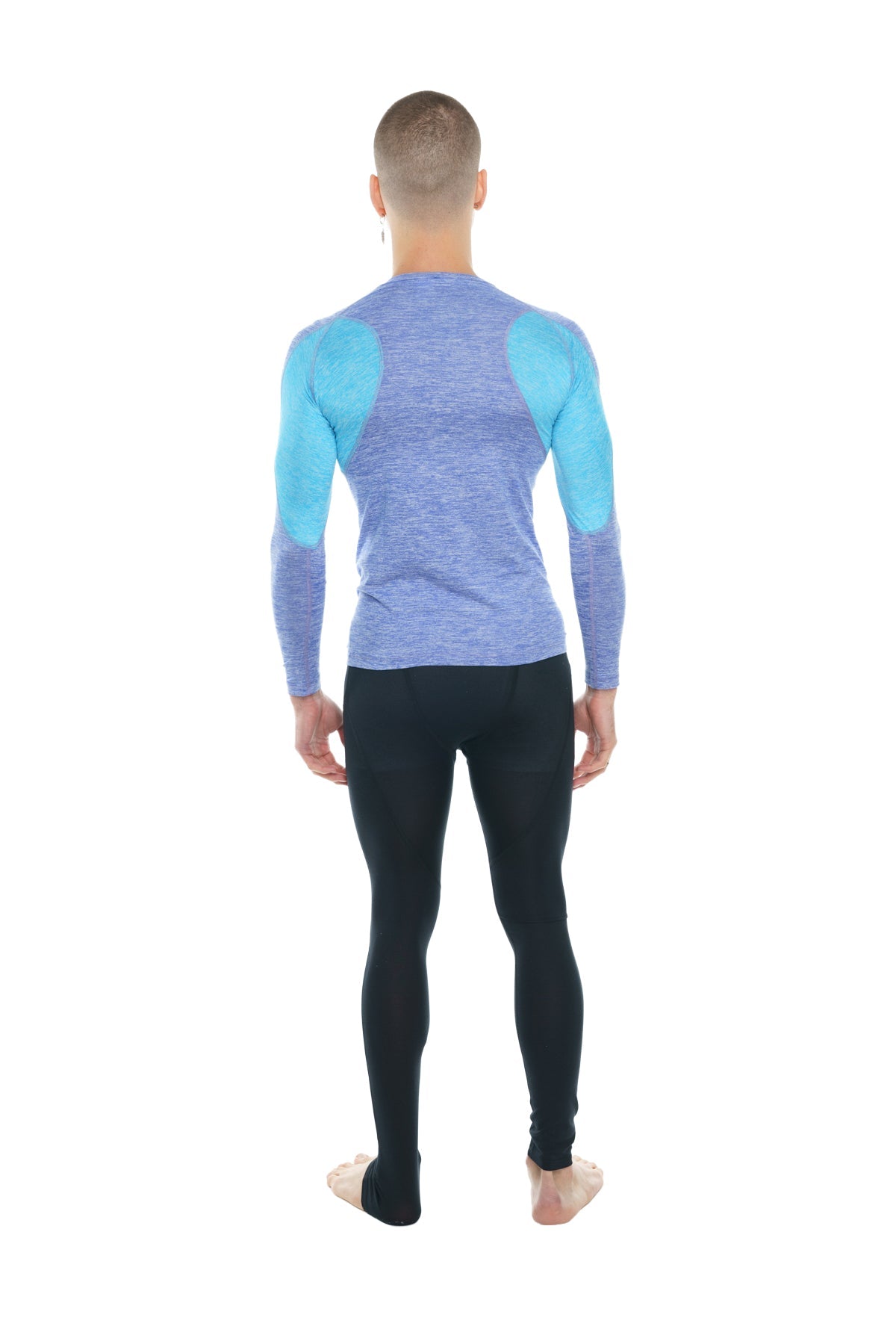 Designer raglan crew-neck long sleeve tee in blue and teal heathered performance fabric with textured finish