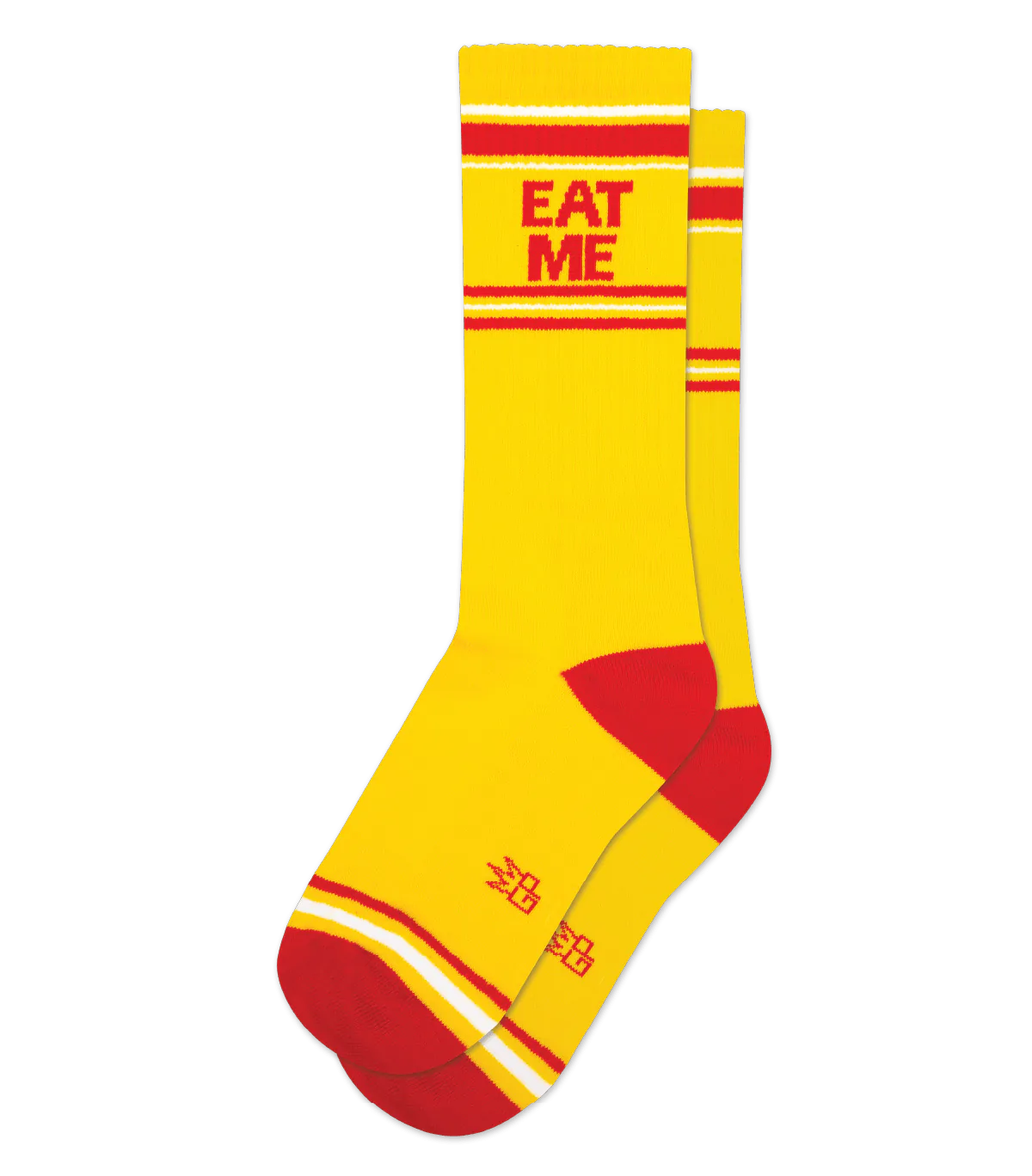Eat me crew socks bright yellow with bold red stripes red toe heel and eat me printed on the cuff