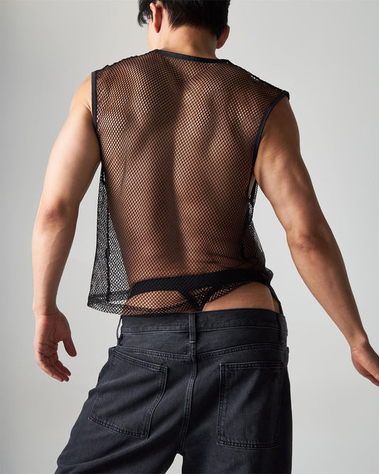 Black edge net mesh muscle tank with sheer breathable fabric and fitted cut sleeveless top