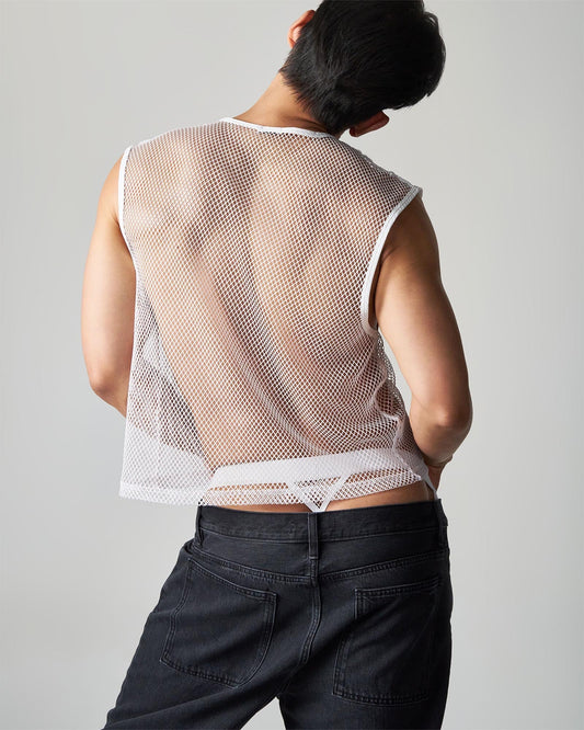 White mesh sleeveless edge net mesh muscle tank with fitted cropped design and lace trim at the hem