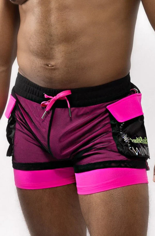 Electro cargo shorts in vibrant magenta and black mesh fabric with neon pink trim and bold pocket detailing