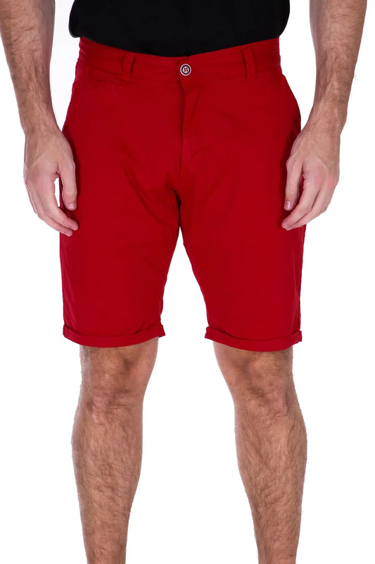Red essential cotton shorts with button closure and rolled cuffs made from breathable cotton fabric
