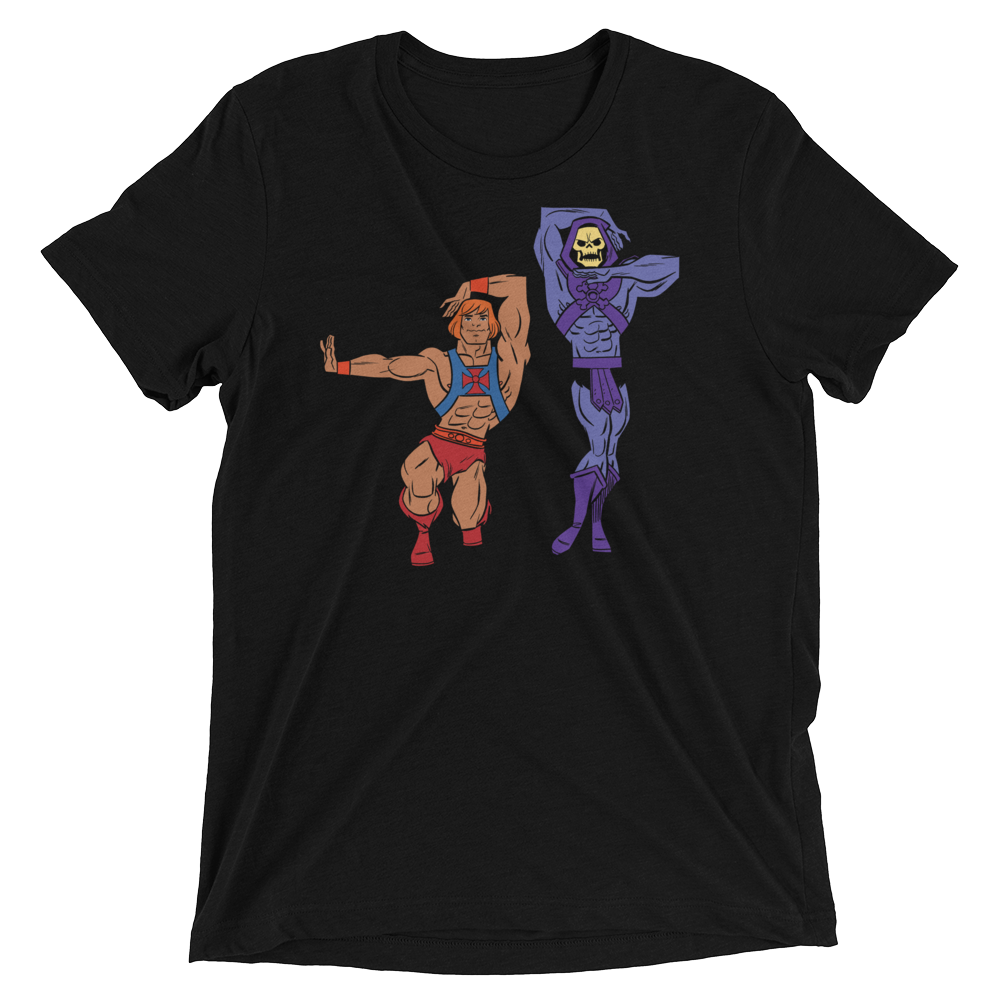 Black short-sleeved t-shirt featuring colorful he-man and skeletor graphic from eternia is burning collection