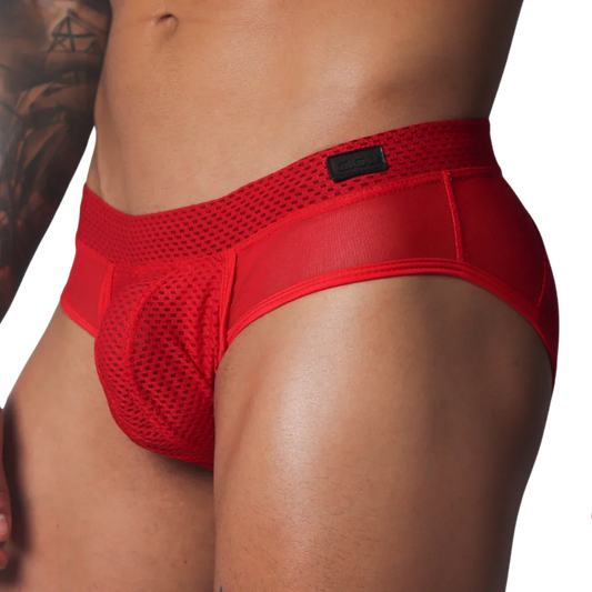 Red mesh athletic brief with a supportive pouch, wide textured waistband, and a black Gigo logo patch.