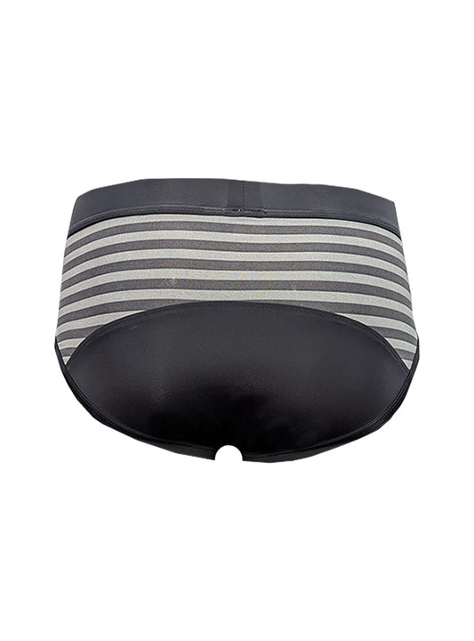 Easy stretch brief gray and white striped with black leather-like front panel for comfortable everyday wear