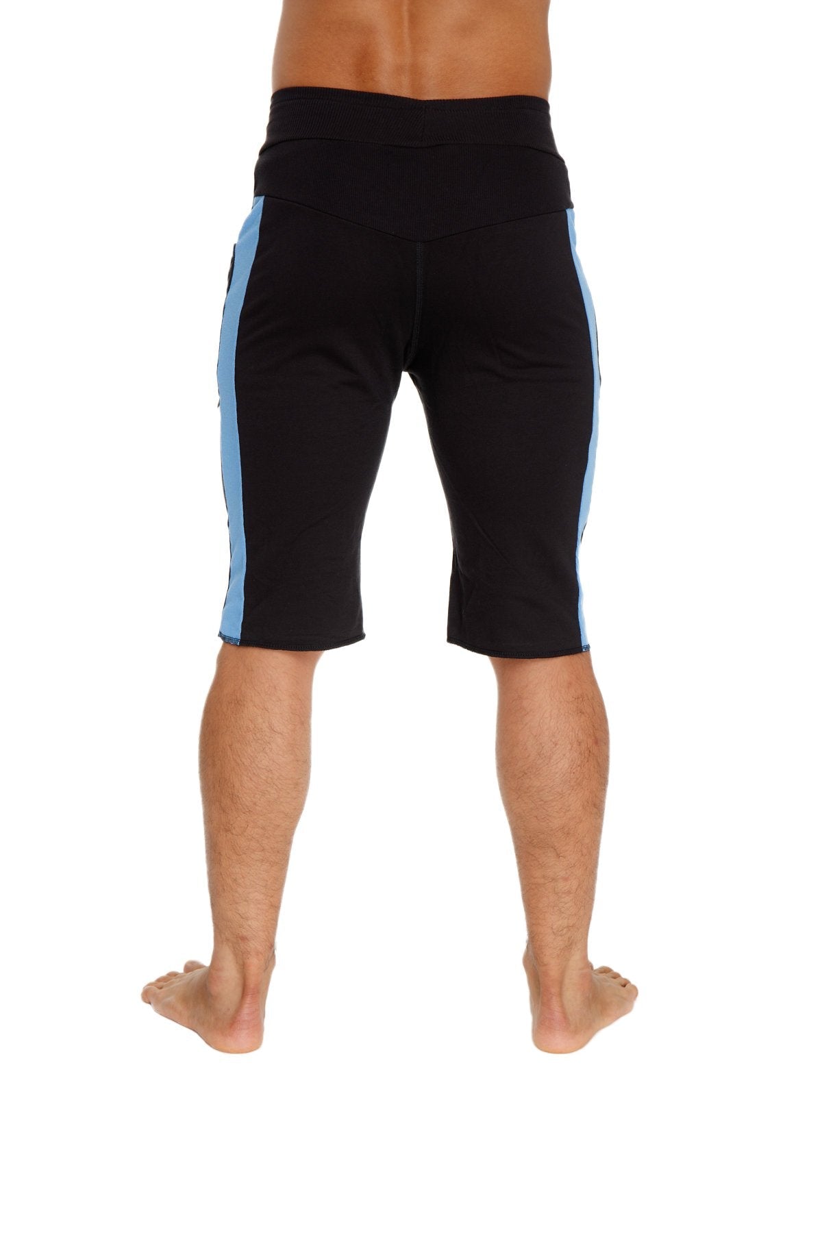 Eco-track short black with ice featuring light blue side stripes made from eco-friendly material for athletic use