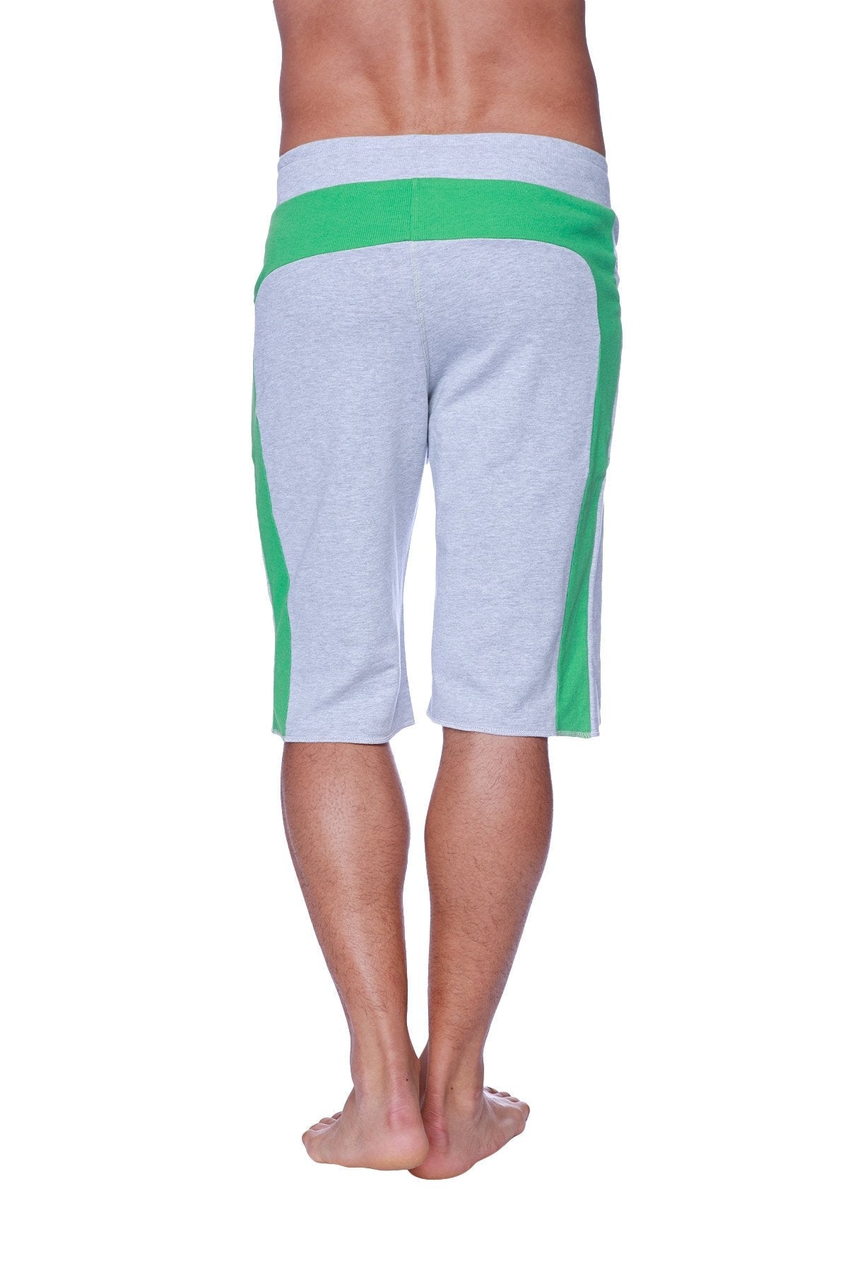 Eco-track short in heather grey with green featuring a ribbed waistband made for athletic use