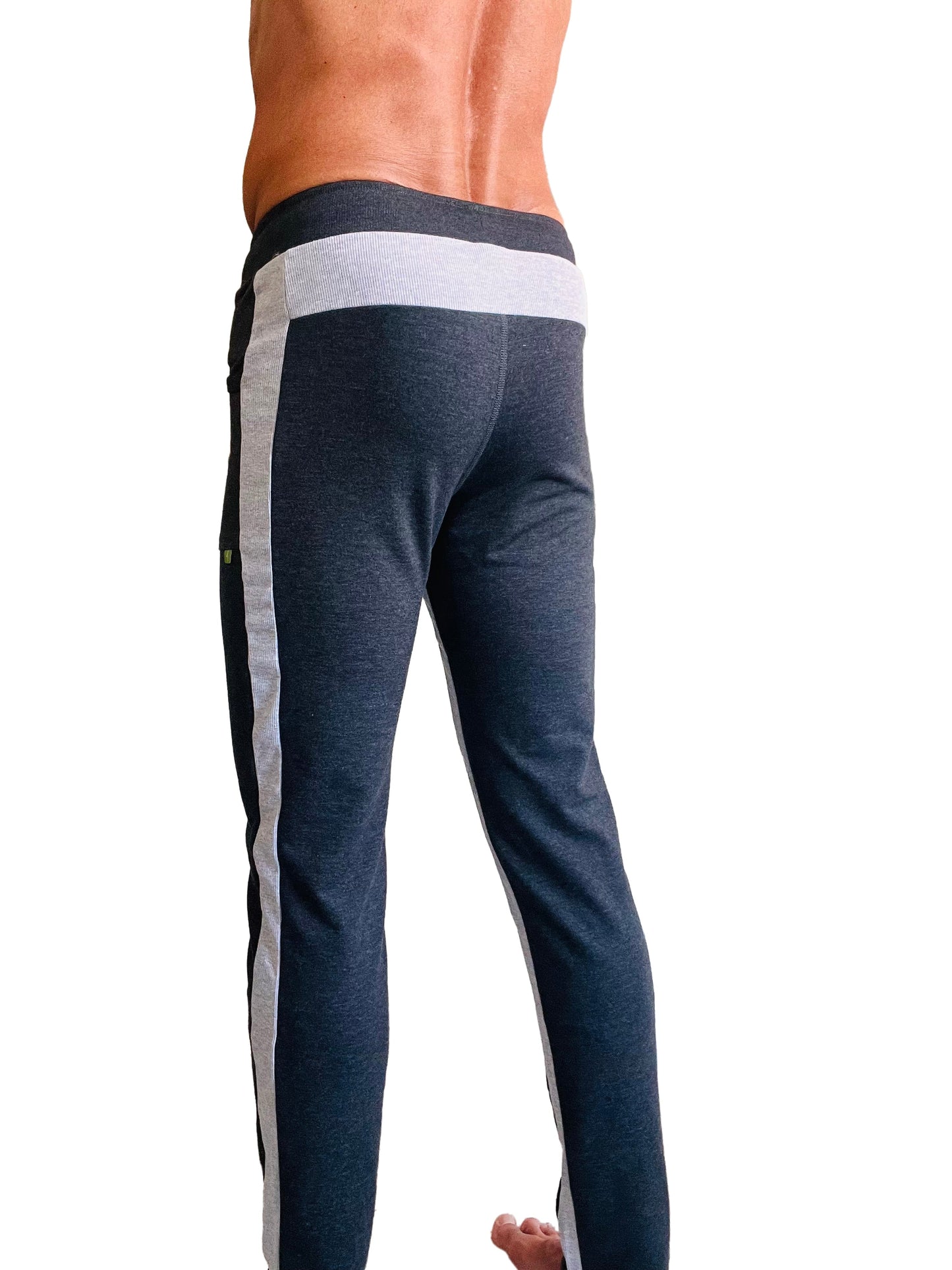 Eco-track and yoga sweat pant in charcoal with grey features dark heathered blue fabric and light gray black side stripes