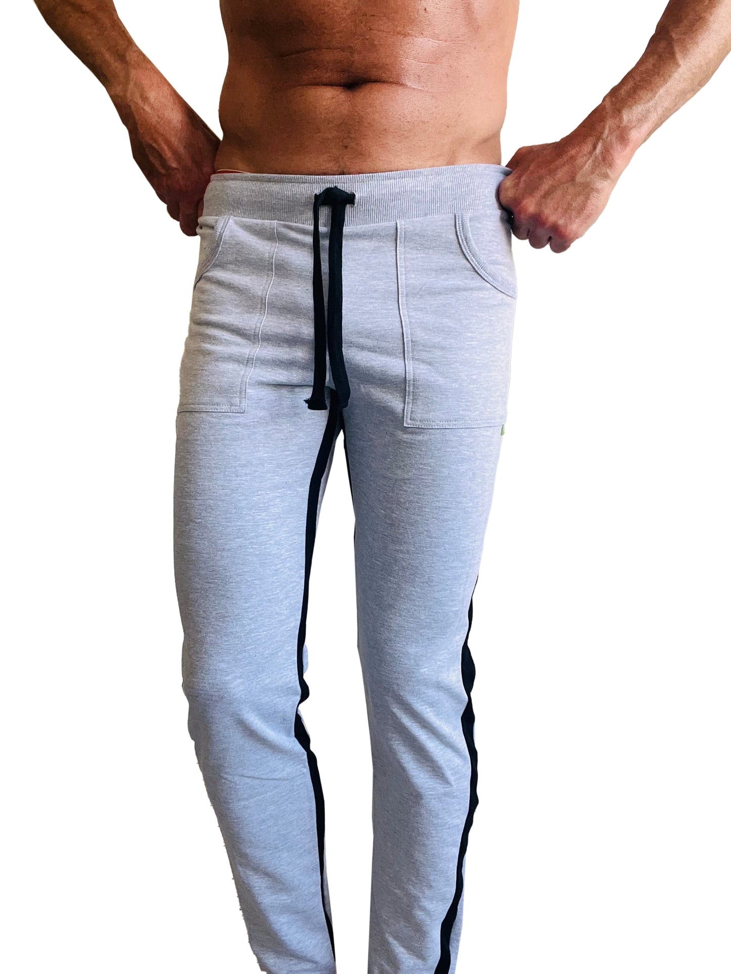 Light gray heathered eco-track and yoga sweat pant with black side stripes and matching drawstring waistband