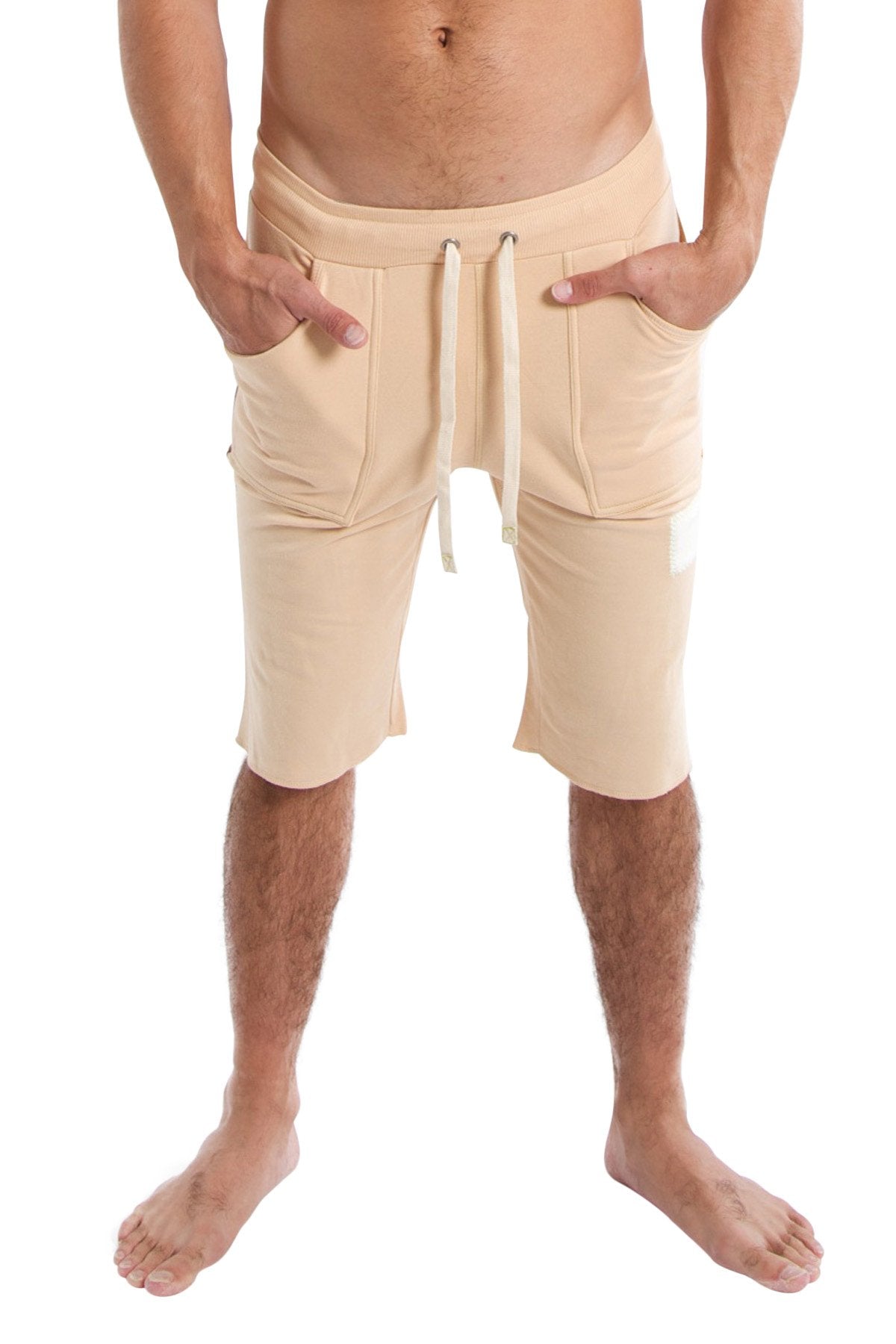 Beige sand edge eco-track shorts with chocolate drawstring relaxed fit and side pockets for casual wear