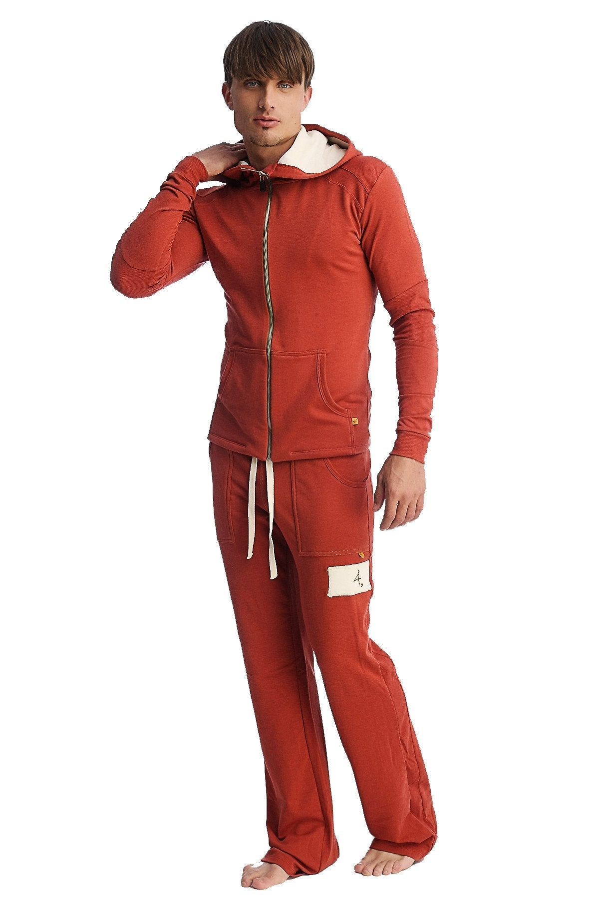Red hooded sweatshirt with gold zipper white drawstrings and matching red Edge Eco-Track yoga sweat pant with white patch