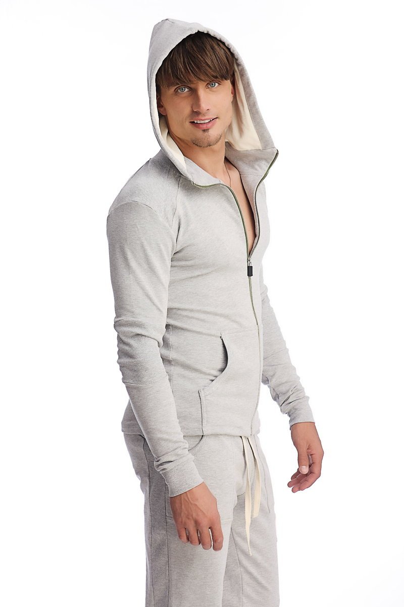 Light gray edge form-fit crossover yoga track hoodie with fleece lining and matching drawstring waistband