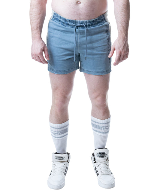 Faded blue denim shorts with an elastic drawstring waistband and side stripes.