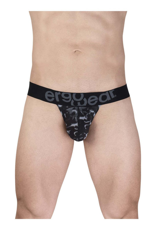 Black and gray camouflage men’s briefs with black ergo wear waistband designed for comfort and support