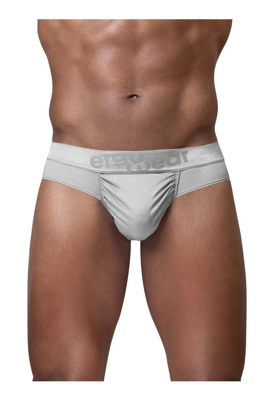 Silver men’s briefs with sleek form-fitting design and erectgear logo on waistband from ergowear ew1758 feel se thongs