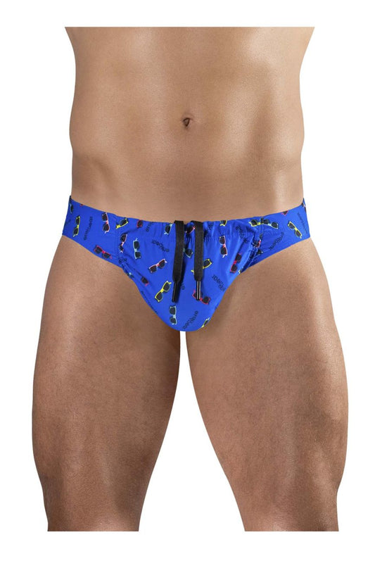 Blue ergonomic swim briefs ew1764 feel sw with sunglass pattern crooked print and black drawstrings
