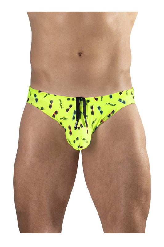 Bright neon green ergo wear ew1765 x4d swim briefs with playful black and red sunglasses pattern