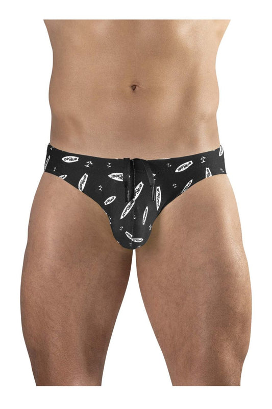 Ergowear ew1766 x4d black-white swim briefs with front zipper and white surfboard and surf logo pattern