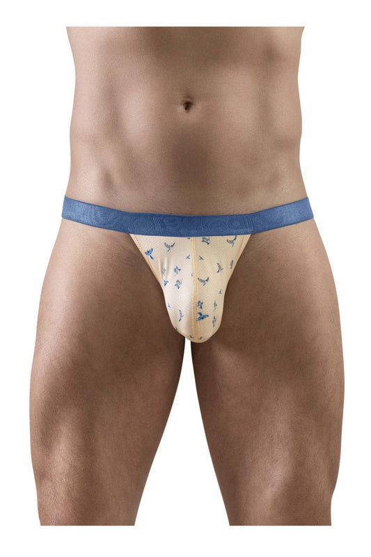 Beige ErgoWear men’s briefs with blue waistband and small bird patterns in peach color for comfortable wear