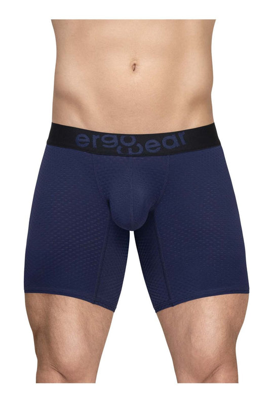 Navy blue ergo wear ew1792 max flow ergonomic boxer briefs with black waistband and gray logo text