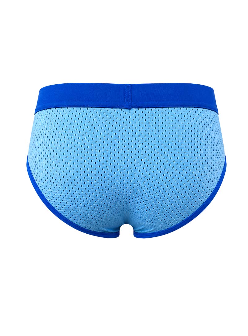 Light blue mesh brief with a solid blue waistband featuring a breathable design by Undergear.