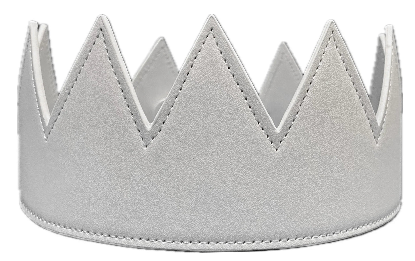 White leather faux leather crown with stitched edges and pointed triangular peaks for dress up and play